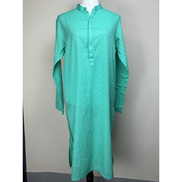 Chinyere Tunic Dress Women's Sz Medium Slit V-Neck Bohemian Teal Green Pockets - Picture 1 of 13
